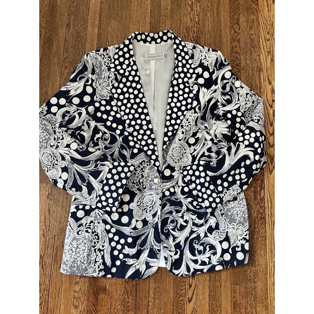 Howard Wolf Navy White Paisley  Polka Dot Vintage Blazer Size 16